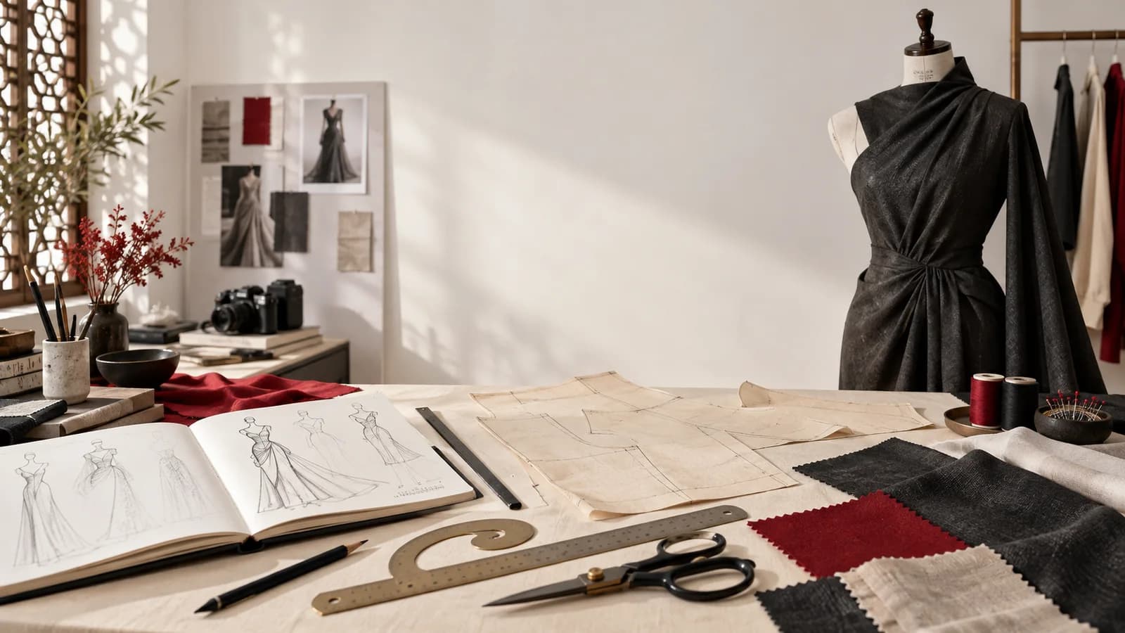 An editorial composition of tools for learning fashion design, making and marketing