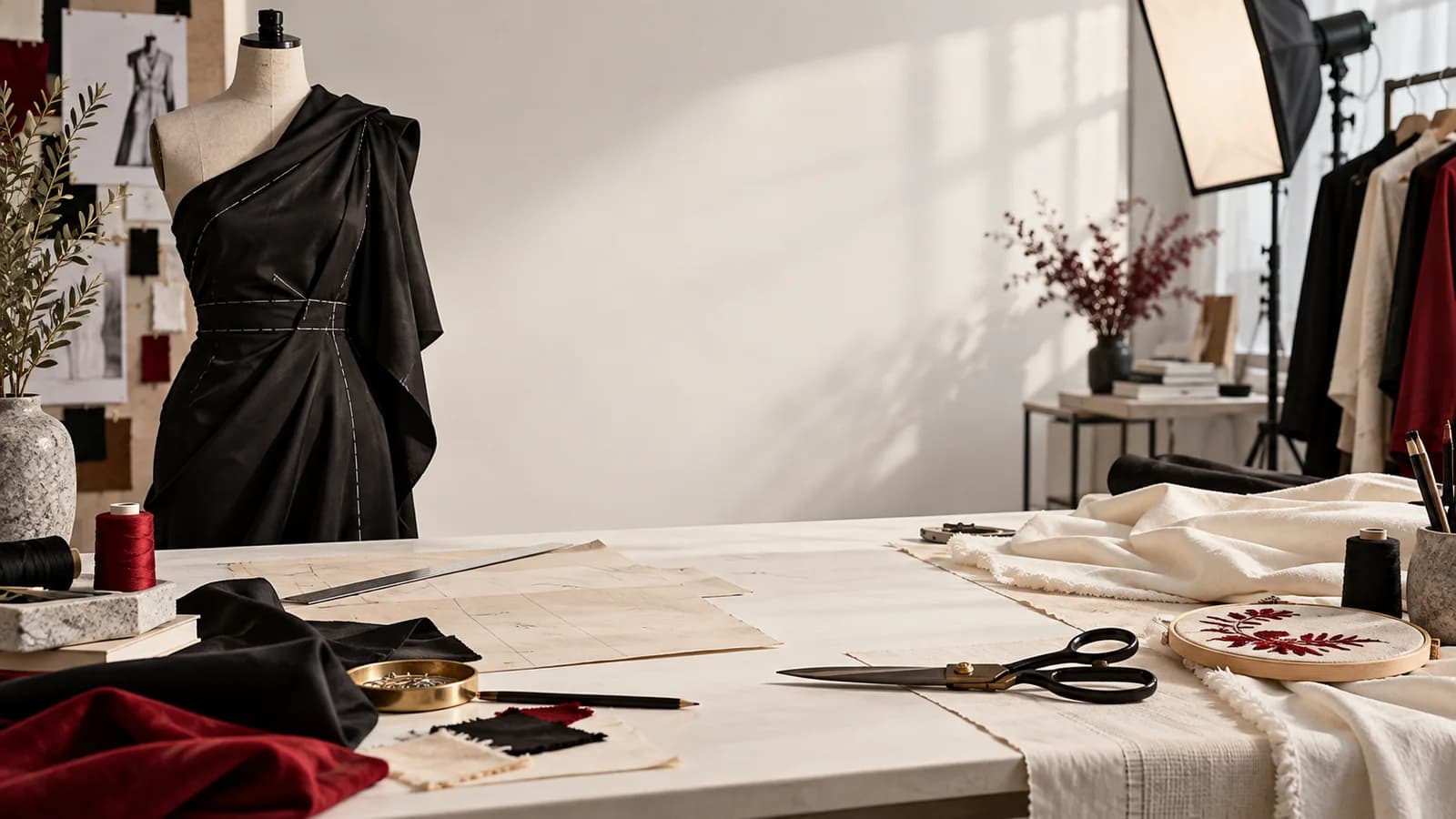 An editorial composition of fashion design and making tools